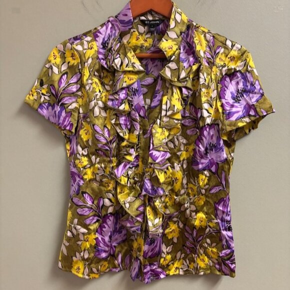 St. John Women Silk Top Sz 4 Button Floral Purple Ruffle Old Money Quiet Luxury - Picture 1 of 9